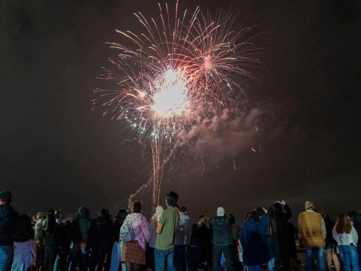 A large crowd gathers on the Isle of Palms pier to watch a dazzling New Year's Eve fireworks display burst in red, white, and gold against the dark South Carolina night sky
