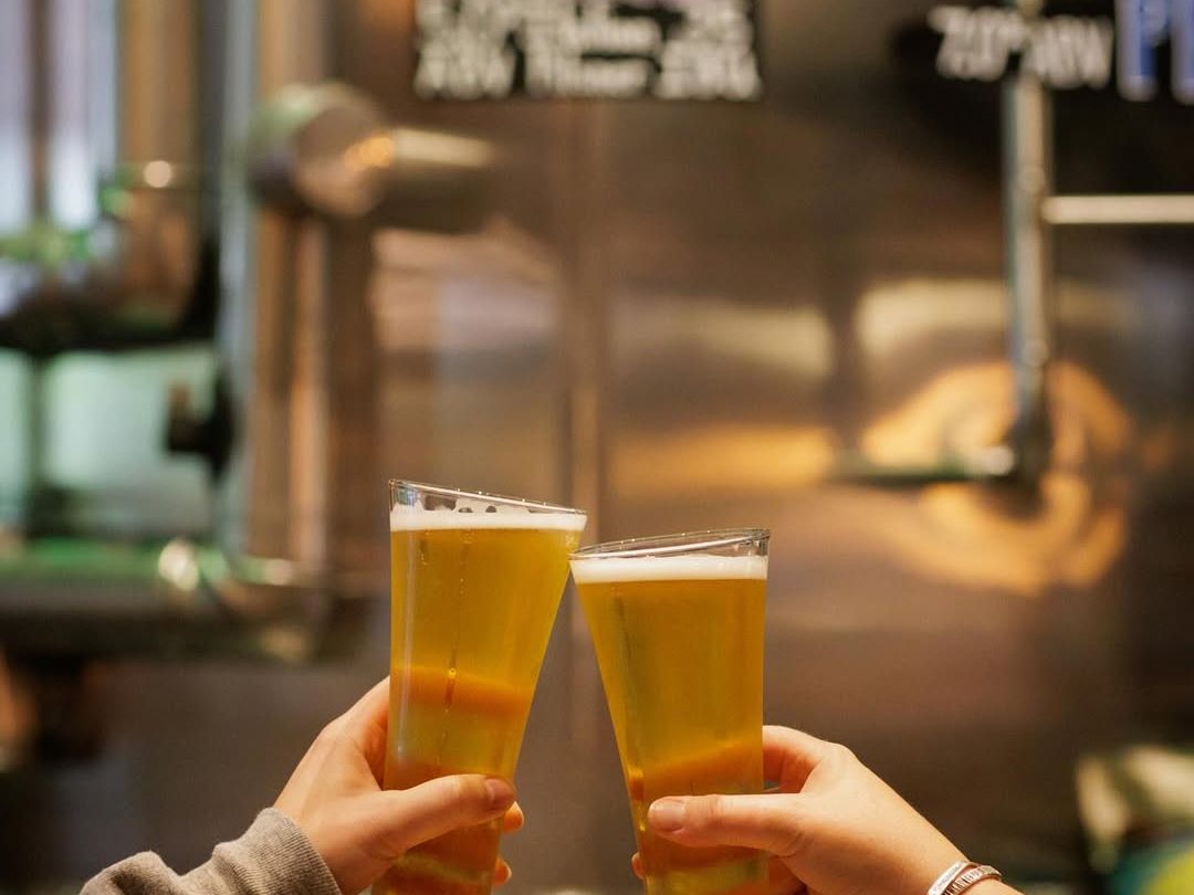 Two people toast with tall glasses of craft beer inside the industrial-style taproom. This Asheville brewery is all about fresh pours, friendly energy, and local pride.