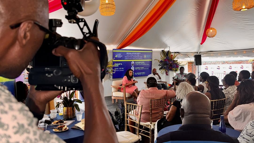 A photographer captures a powerful panel discussion at the Martha’s Vineyard African American Film Festival. Under colorful draped tents, guests listen to inspiring conversations celebrating art, culture, and empowerment.