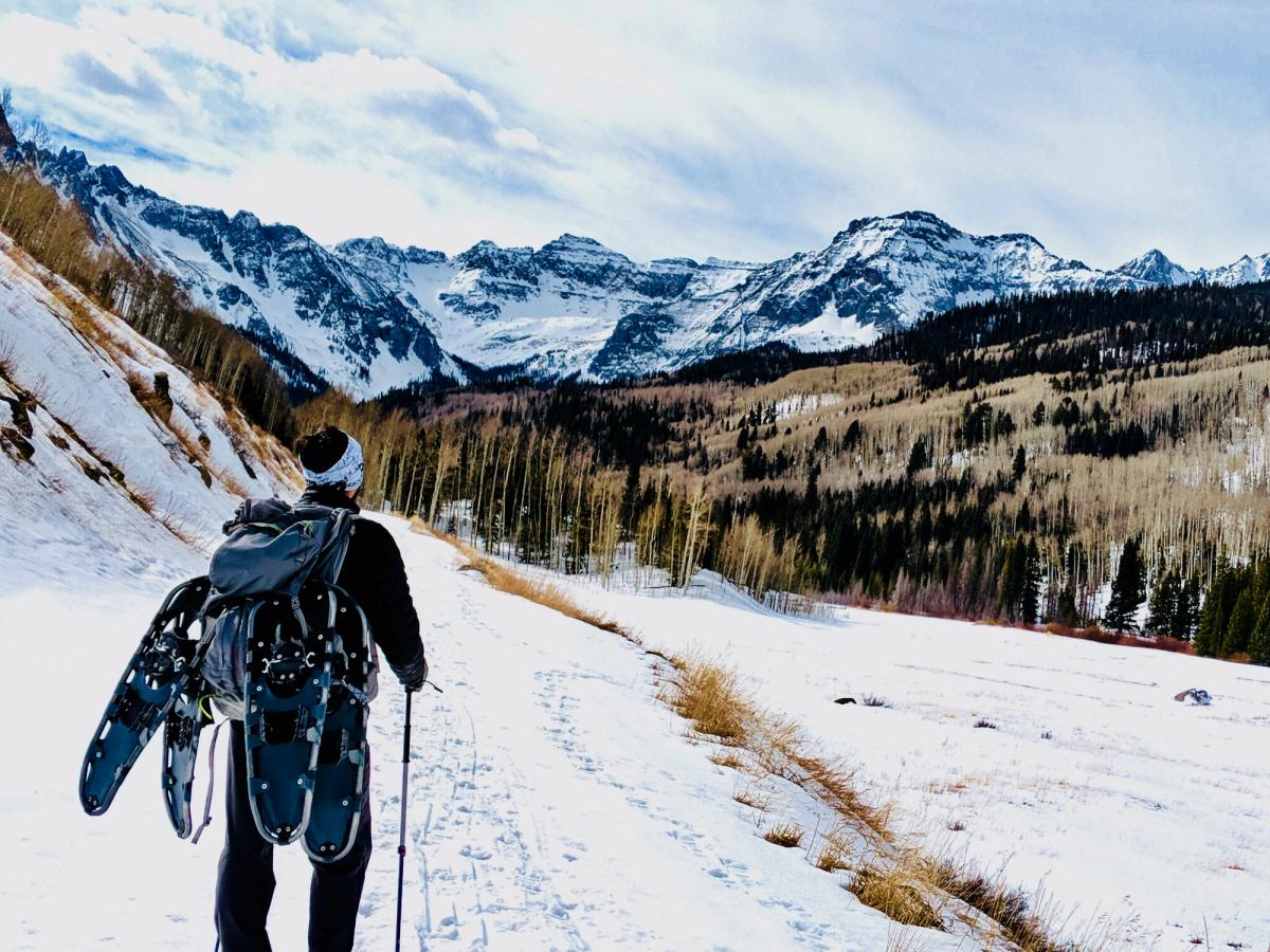 A hiker carrying snowshoes walks along a snowy trail toward rugged, snow-covered mountains lined with bare and evergreen trees.