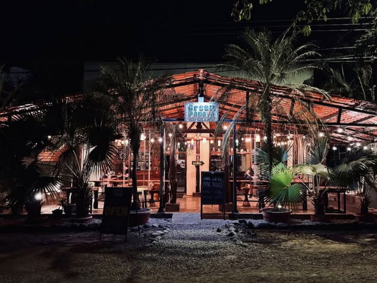 Rustic tropical restaurant lit with string lights and surrounded by palm trees, glowing warmly against the night sky