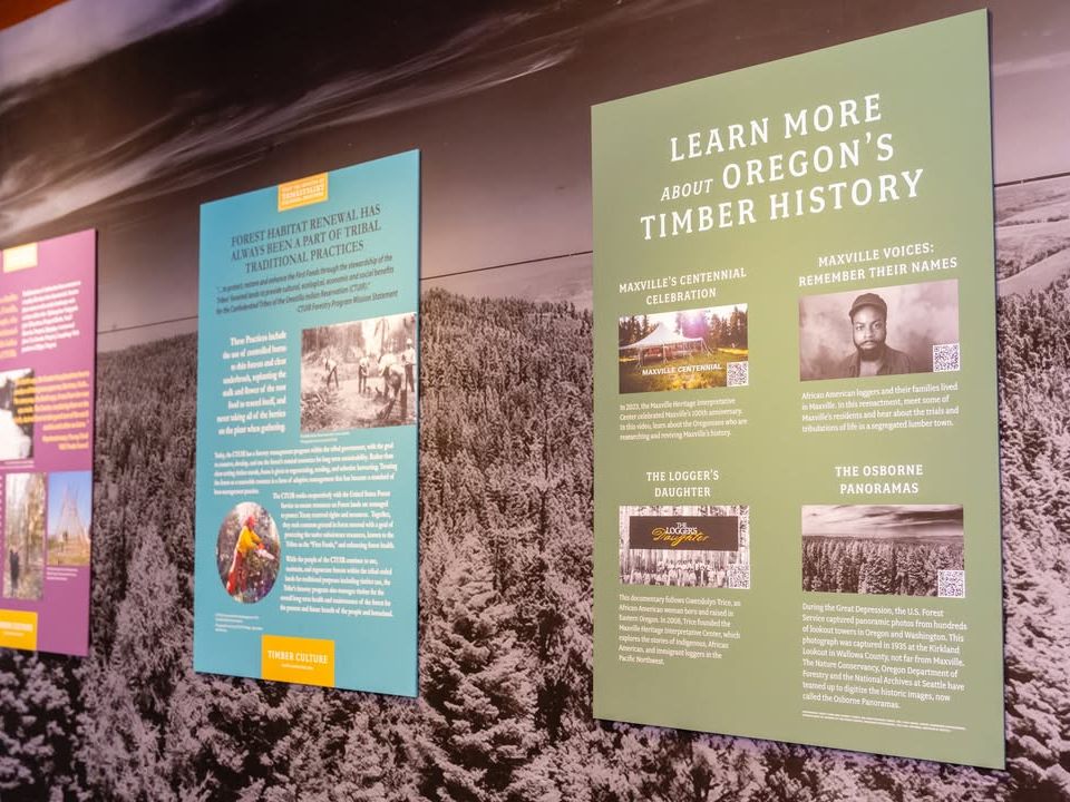 Informational exhibit panels highlighting Oregon’s timber history, tribal traditions, and logging culture, displayed against a scenic forest backdrop.