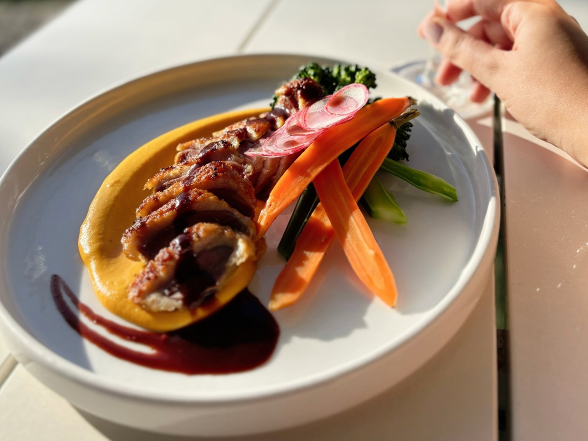Elegant dish featuring sliced seared duck breast over a golden puree, served with vibrant steamed vegetables and a drizzle of dark sauce.