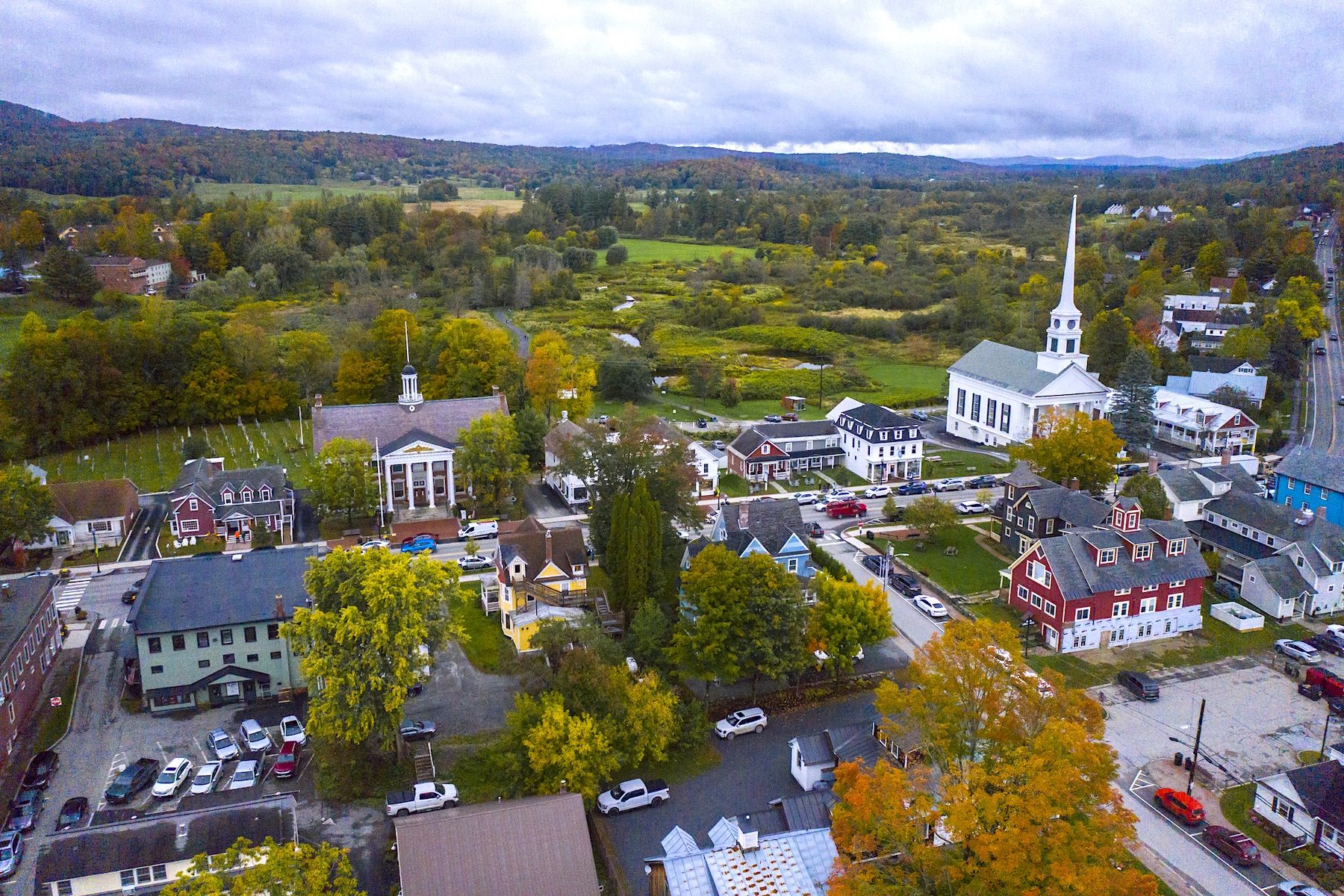Aerial Photo Of Downtown Stowe, VT With Charming New England Architecture