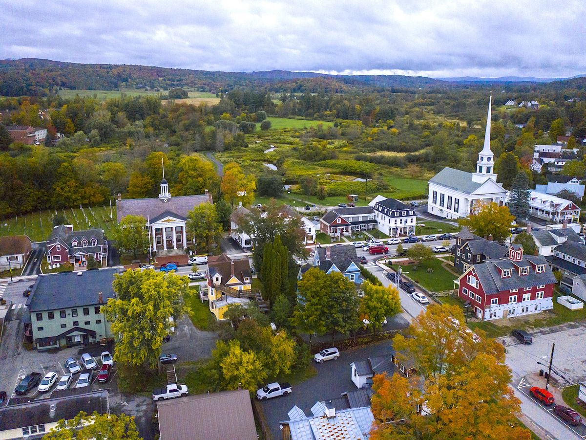 Aerial Photo Of Downtown Stowe, VT With Charming New England Architecture
