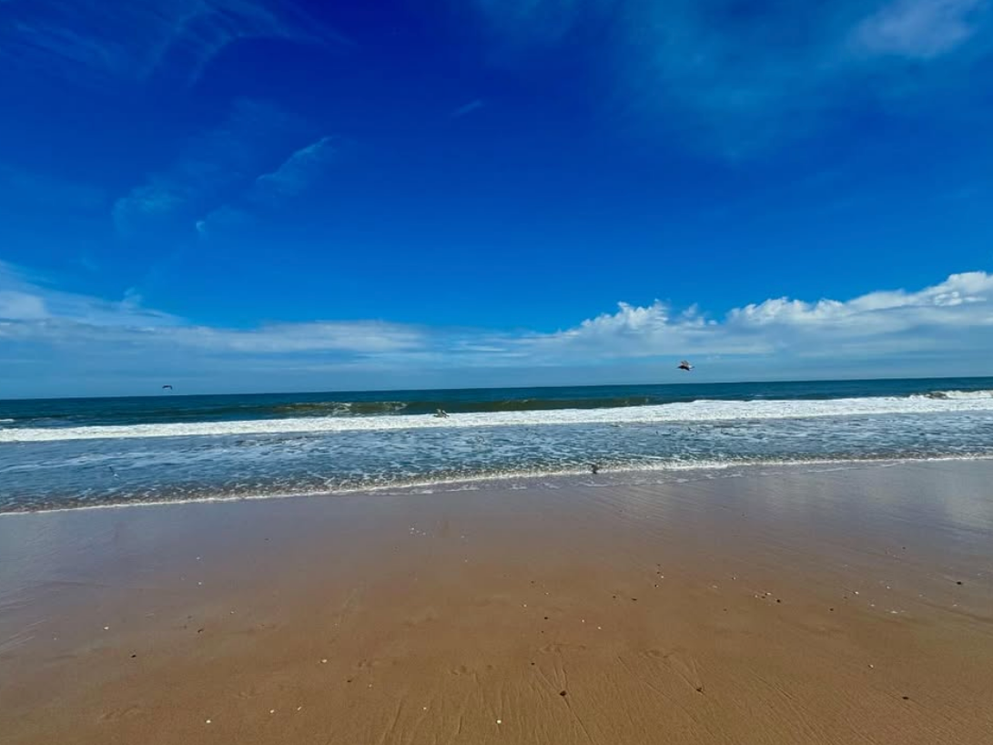Tan beach with ocean waves rolling into shore