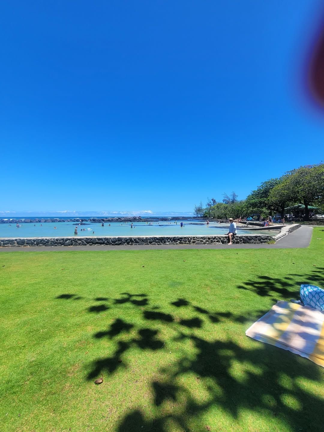 Families enjoy a sunny day at Onekahakaha Beach Park, a safe swimming spot with calm, shallow waters perfect for kids. The grassy picnic area and stone wall along the shoreline create a relaxing place to spend the afternoon.