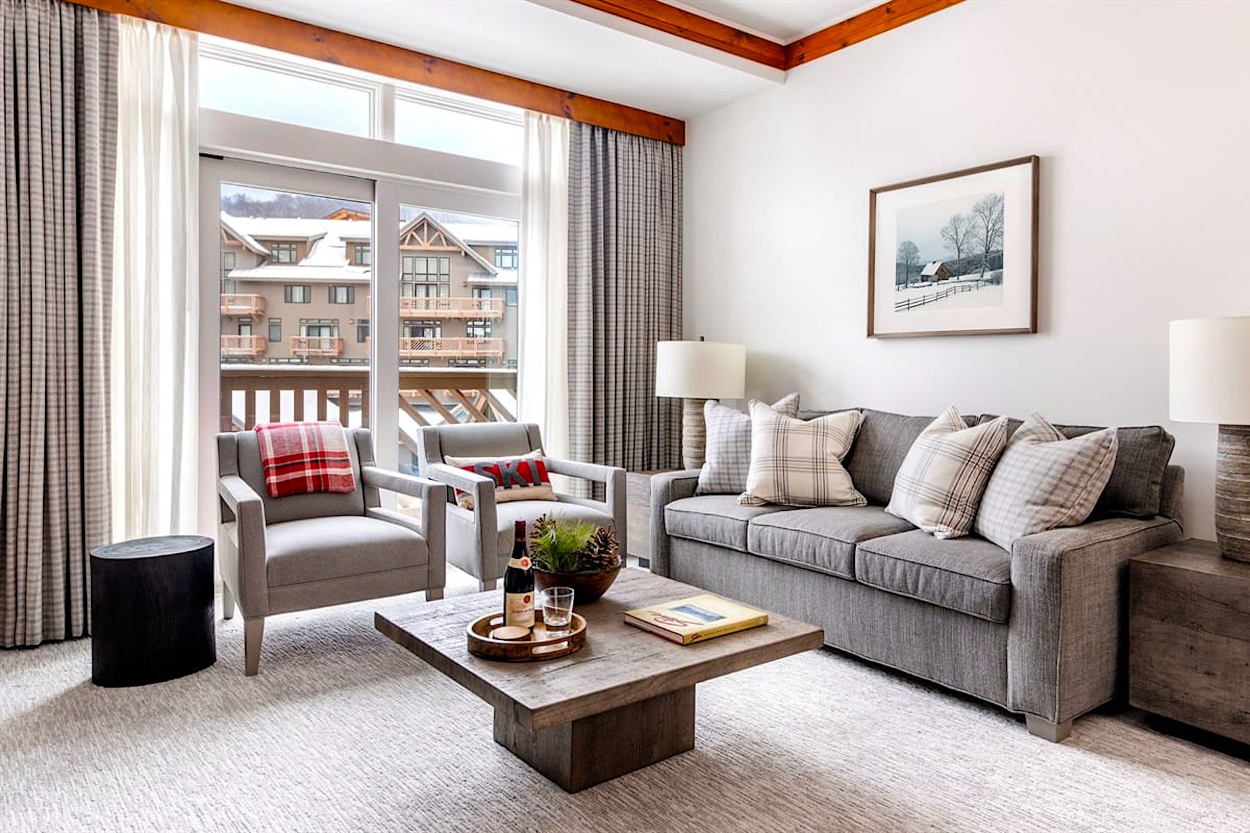 Living Room with View of Resort at Luxury Ski-In/Ski-Out Stowe Vacation Rental