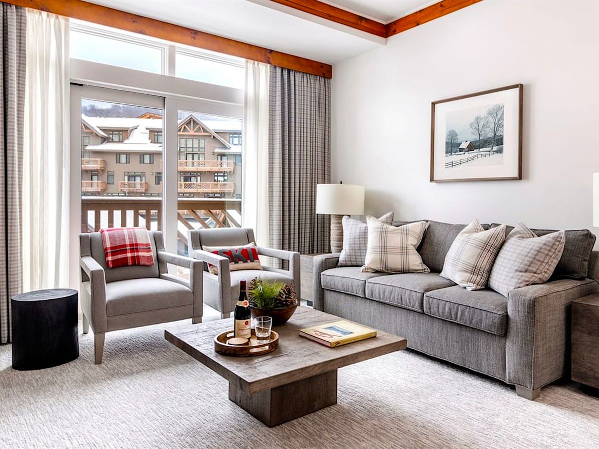 Living Room with View of Resort at Luxury Ski-In/Ski-Out Stowe Vacation Rental