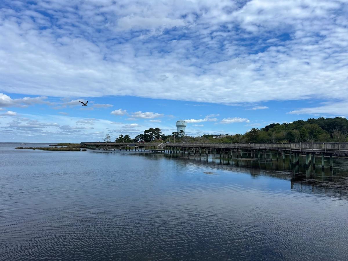 A long wooden boardwalk stretches over the calm waters of Duck Town Park, leading toward a distant water tower and tree line. A seagull glides across a bright sky filled with scattered clouds. 