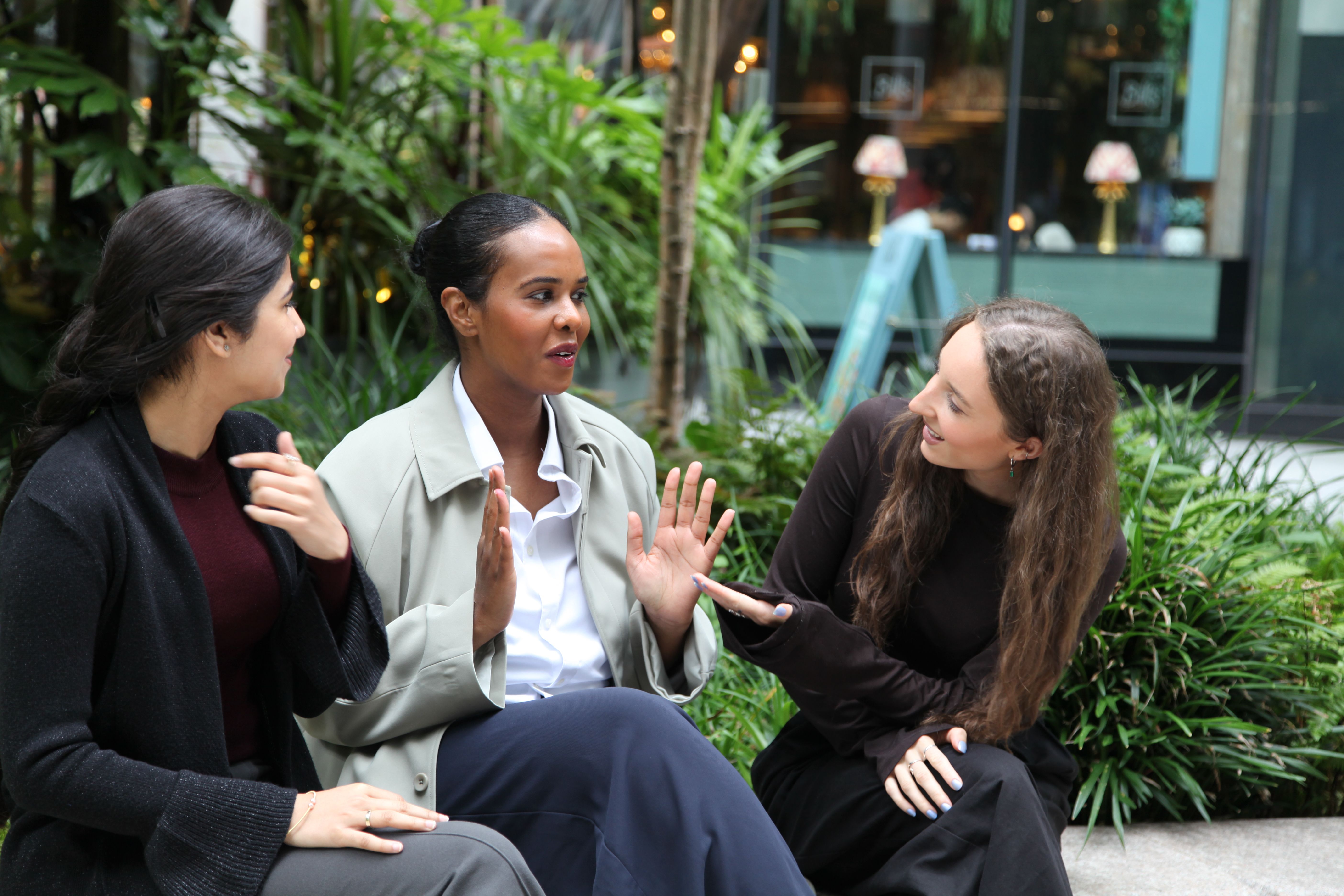Mallika, Fatima and Amy in Hardman Gardens in Spinningfields