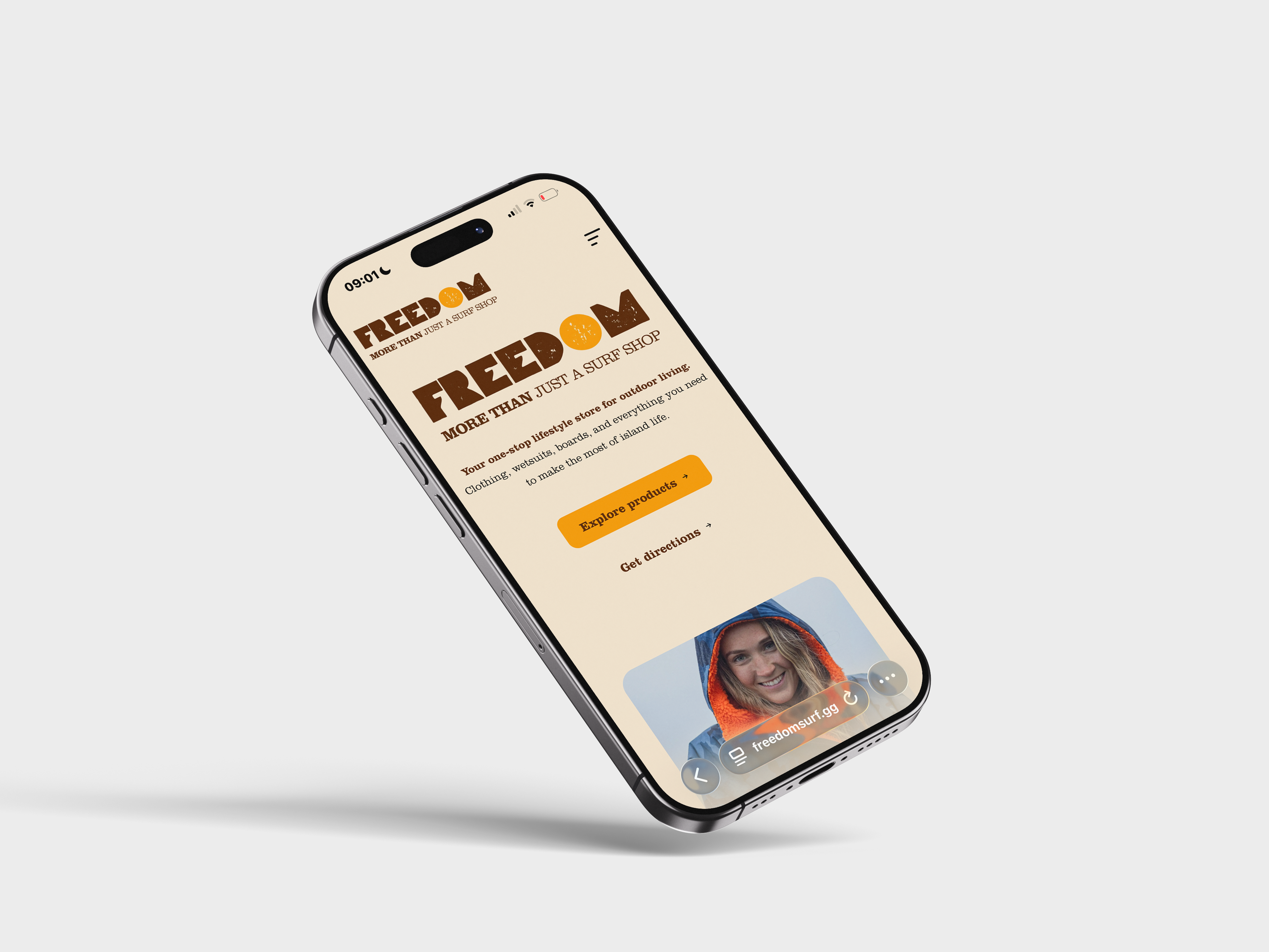 Freedom Surf Website Mockup on IPhone