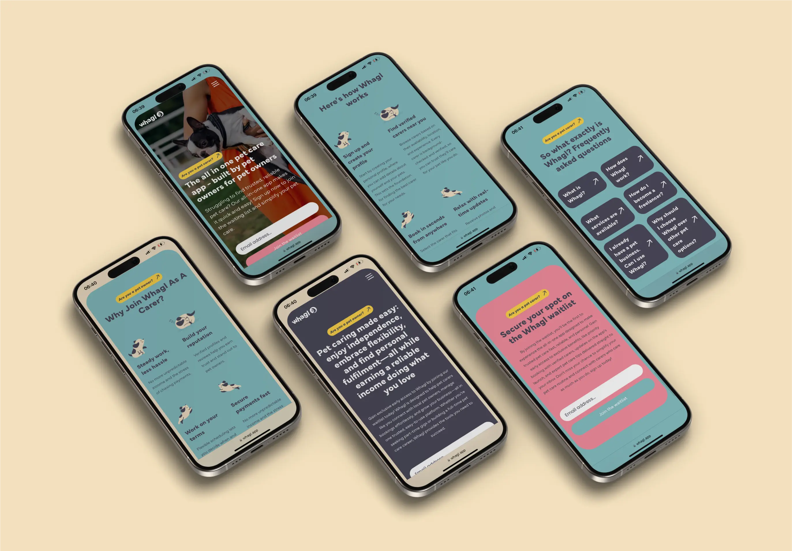 Whagl's landing page mocked up on 6 iphones