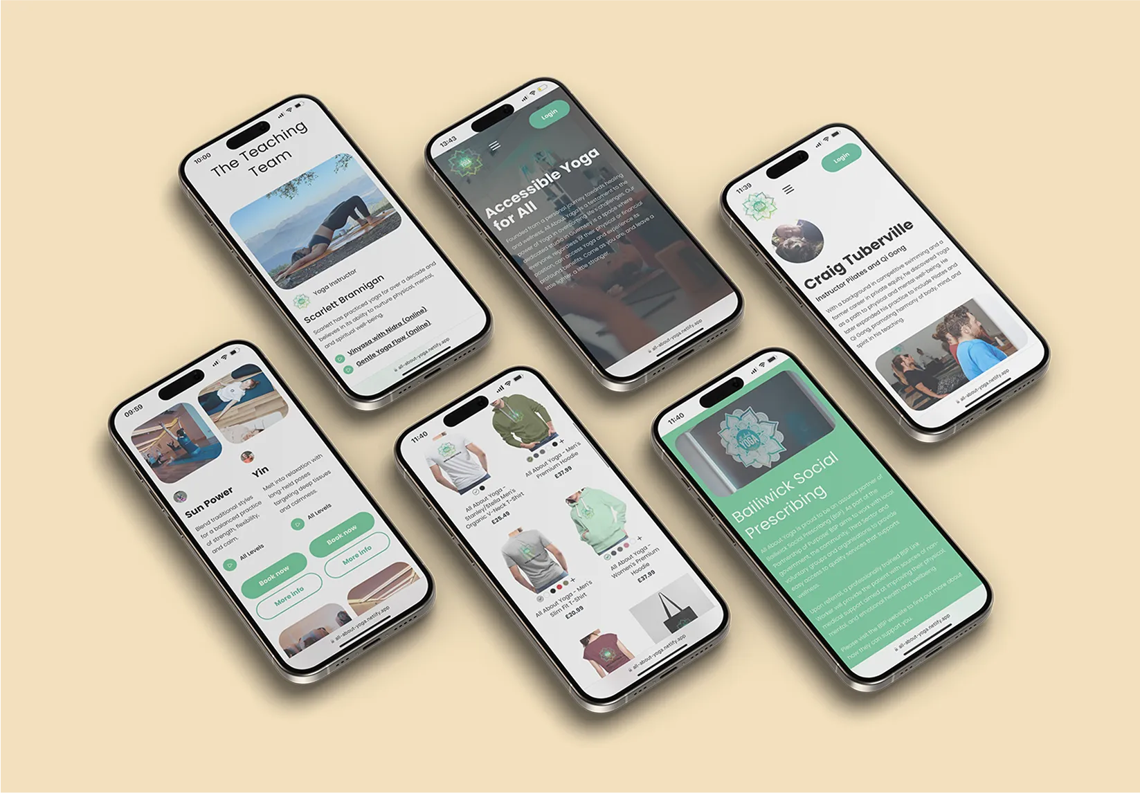 All About Yoga Website on 6 Iphone mockups