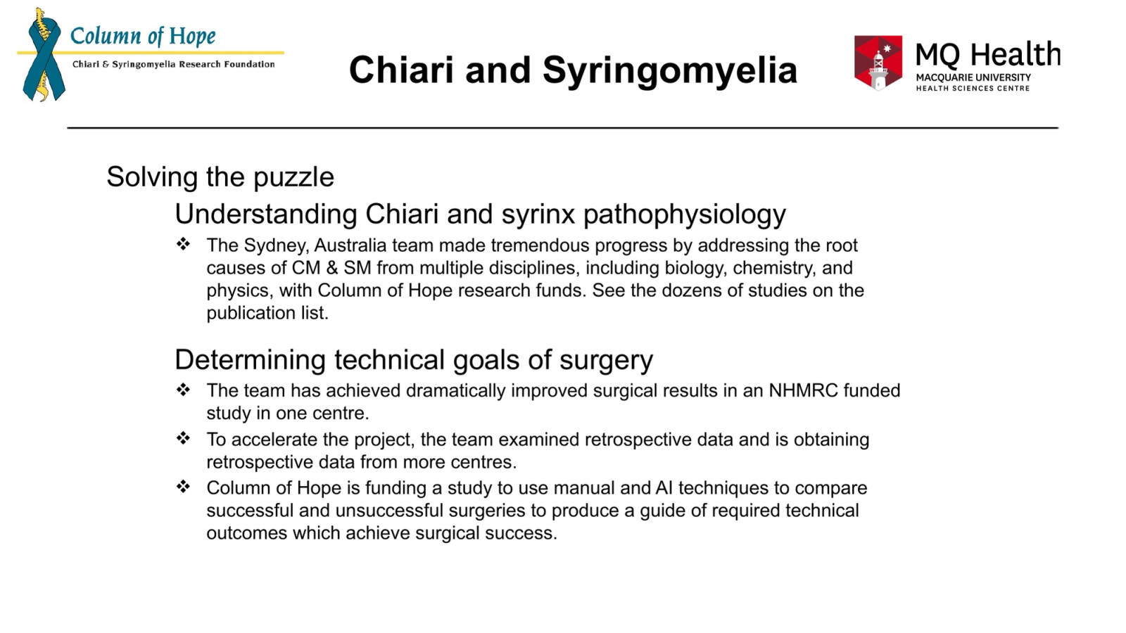 Chiari and Syringomyelia
Solving the puzzle
Understanding Chiari and syrinx pathophysiology
The Sydney, Australia team made tremendous progress by addressing the root causes of CM & SM from multiple disciplines, including biology, chemistry, and physics, with Column of Hope research funds. See the dozens of studies on the publication list.
Determining technical goals of surgery
The team has achieved dramatically improved surgical results in an NHMRC funded study in one centre.
To accelerate the project, the team examined retrospective data and is obtaining retrospective data from more centres.
Column of Hope is funding a study to use manual and AI techniques to compare successful and unsuccessful surgeries to produce a guide of required technical outcomes which achieve surgical success.
