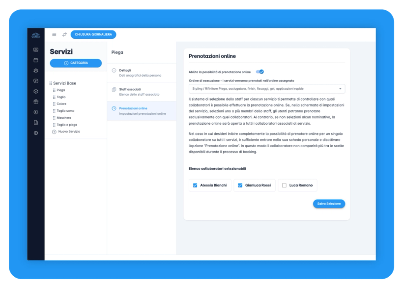 Seleziona i servizi da rendere prenotabili