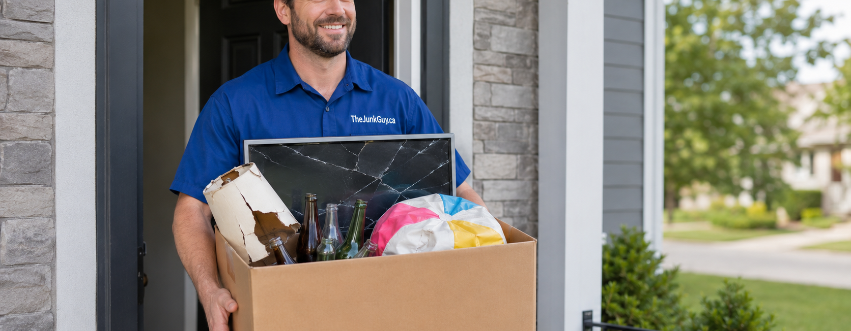 TheJunkGuy.ca crew member carrying a box of junk out the front door of a home