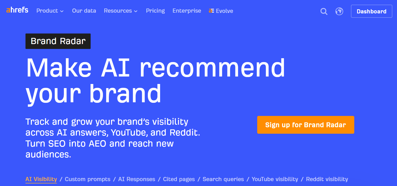Ahrefs Brand Radar AI visibility tool showing brand citations across AI answer engines