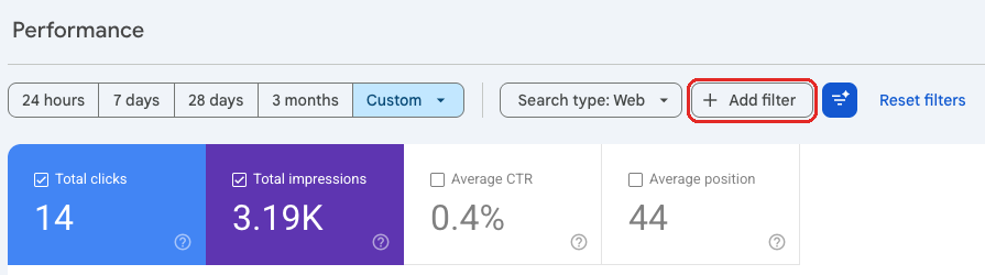 Search Console Performance report with the Add filter button outlined