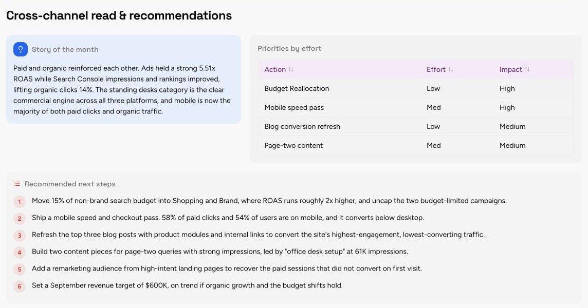 Cross-Channel Read and Recommendations section of the Monthly Performance Report template, with sample data