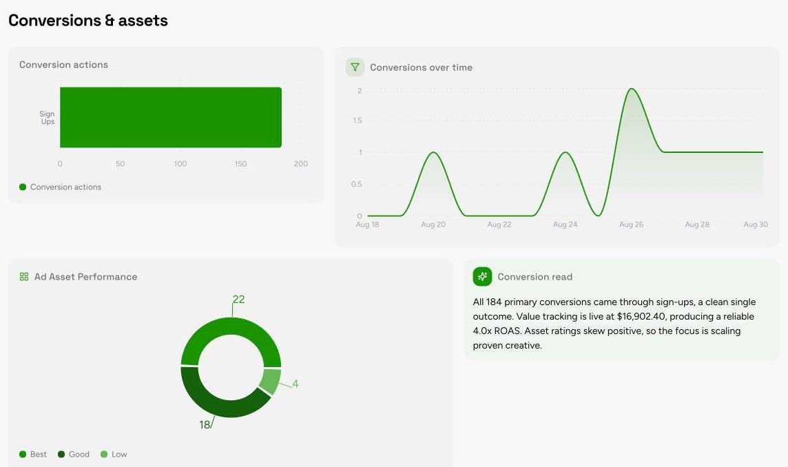 Conversions and Assets section of the Google Ads Performance Report template, with sample data
