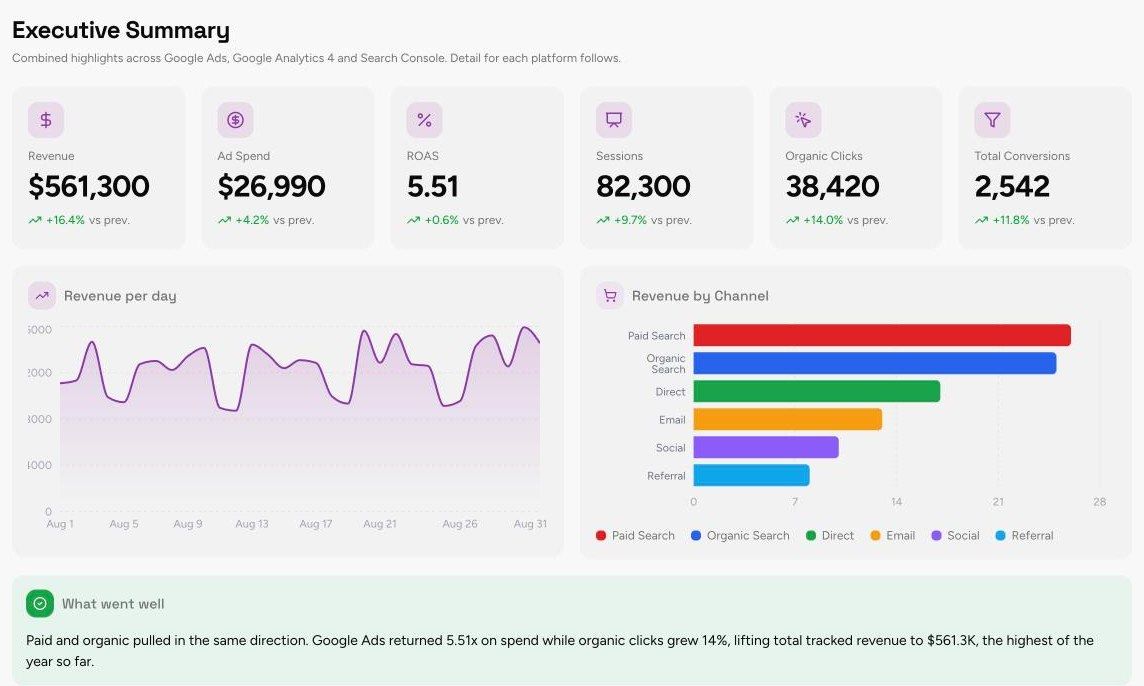 Executive Summary section of the Monthly Performance Report template, with sample data