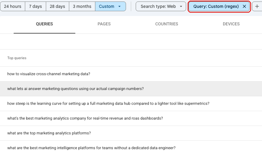 Search Console queries filtered by the regex, showing only questions