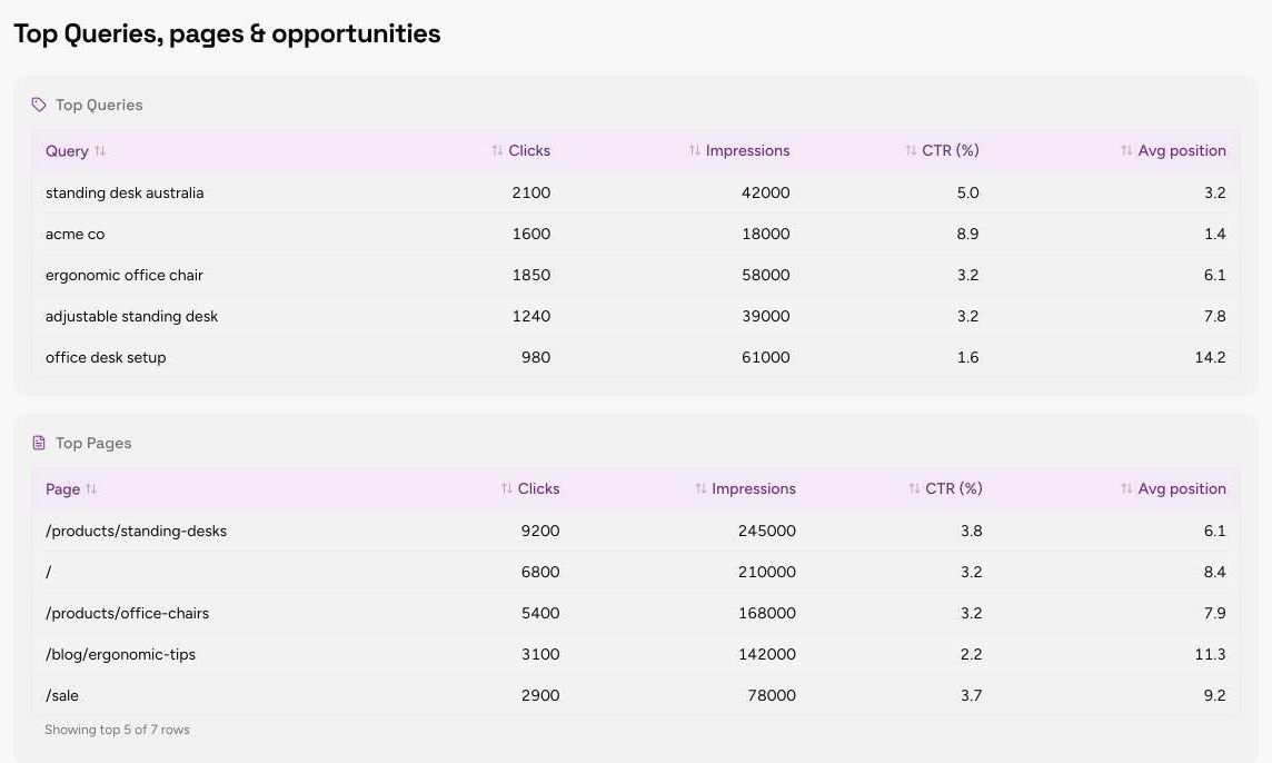 Top Queries, Pages and Opportunities section of the Monthly Performance Report template, with sample data