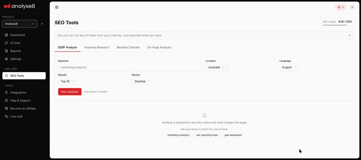 Analyse8 SEO Tools with SERP Analysis, Keyword Research, Backlink Checker and On-Page Analysis tabs
