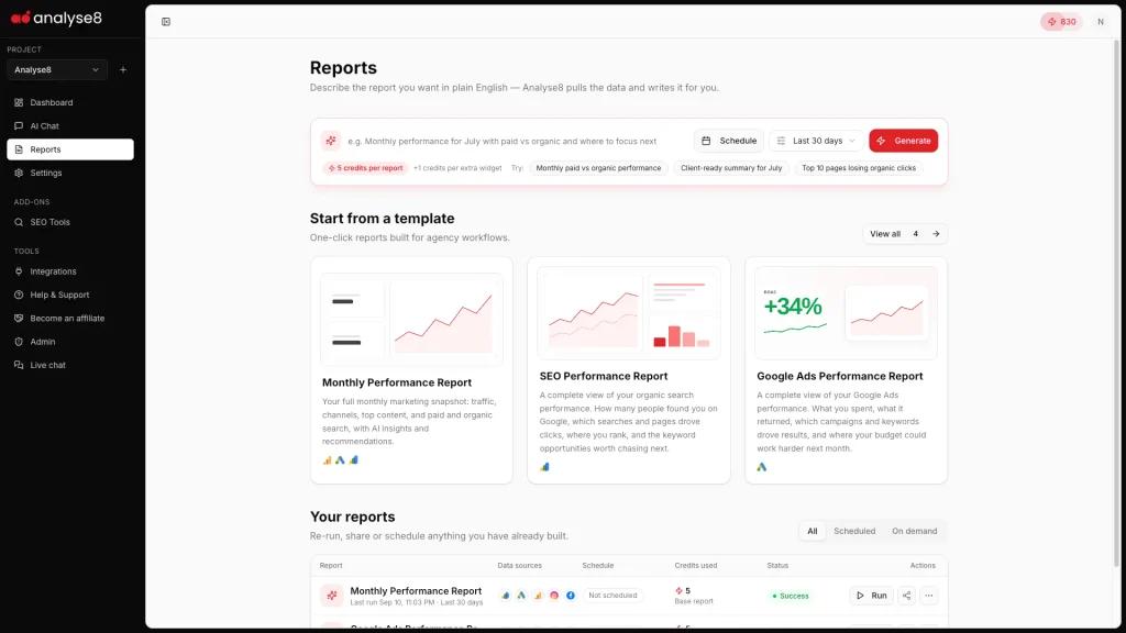 Reports screen in the Analyse8 app with the Monthly, SEO and Google Ads report templates