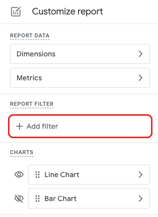 The Customize report panel in GA4 with Add filter outlined