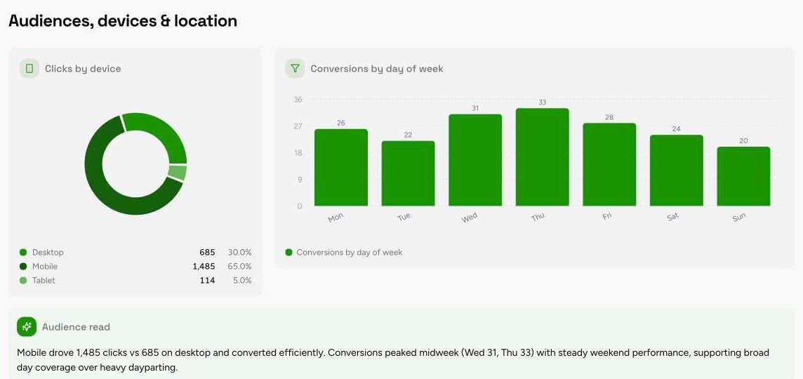 Audiences, Devices and Location section of the Google Ads Performance Report template, with sample data