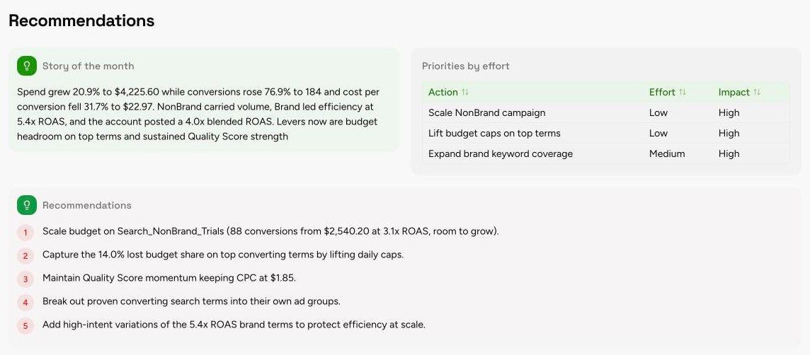 Read of the Month and Recommendations section of the Google Ads Performance Report template, with sample data