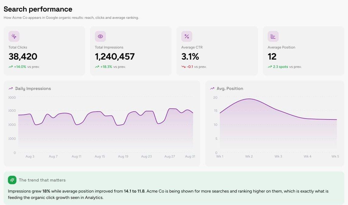 Search Performance section of the Monthly Performance Report template, with sample data