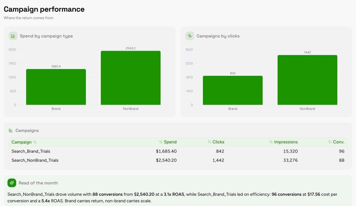 Campaign Performance section of the Google Ads Performance Report template, with sample data
