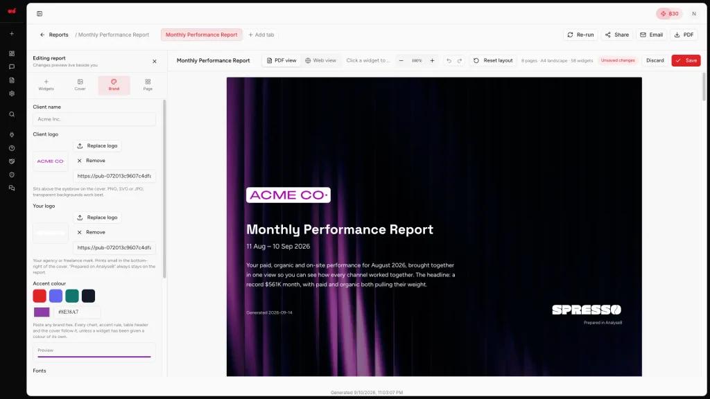 Analyse8 report with your logo and colours
