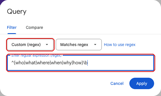 The Query filter in Search Console set to Custom (regex), with the question searches pattern pasted in