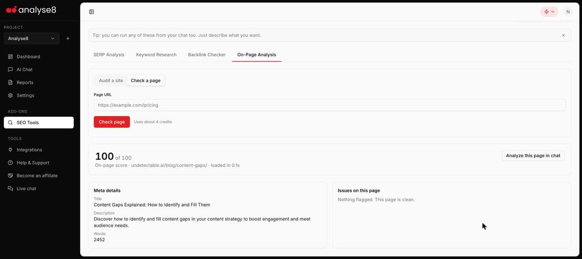 Analyse8 On-Page Analysis result showing on-page score, meta details, word count and issues