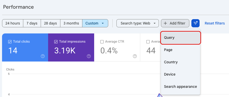 The Add filter menu in Search Console with Query outlined