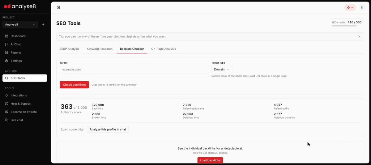 Analyse8 Backlink Checker summary with authority score, referring domains and spam score