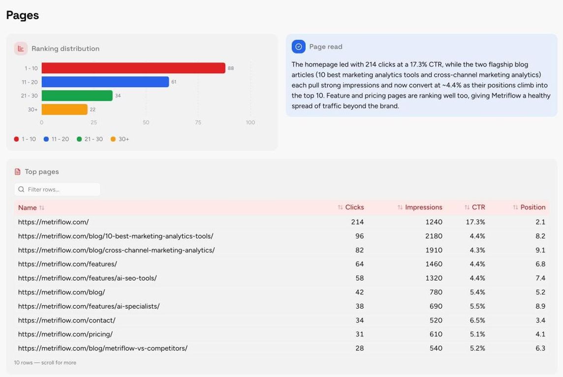 Pages section of the SEO Performance Report template, with sample data