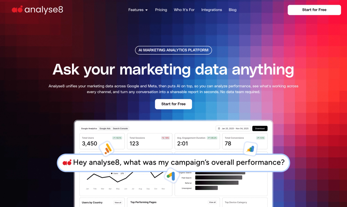 Analyse8 homepage with the headline Ask your marketing data anything