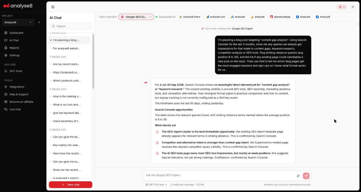 Google SEO Expert in Analyse8 AI Chat with a prompt asking for Search Console and GA4 analysis
