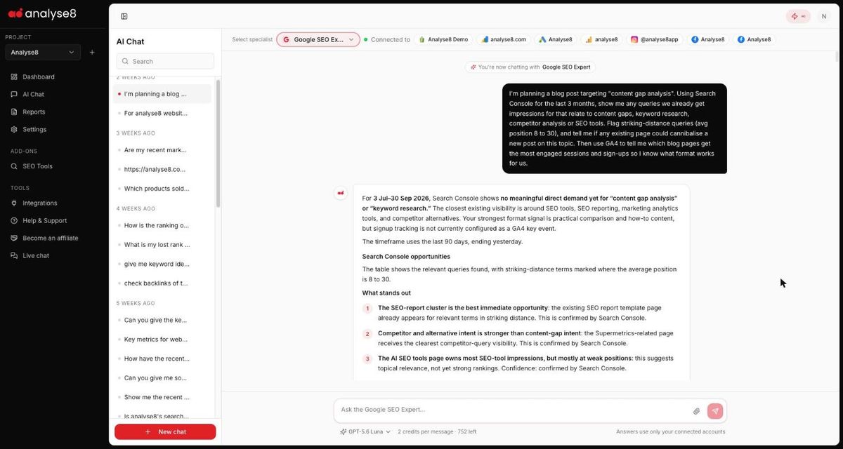 Google SEO Expert in Analyse8 AI Chat with a prompt asking for Search Console and GA4 analysis