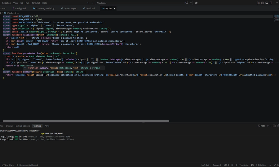 A screenshot of Visual Studio Code showing TypeScript logic for AI detection validation and successful API requests in the terminal.