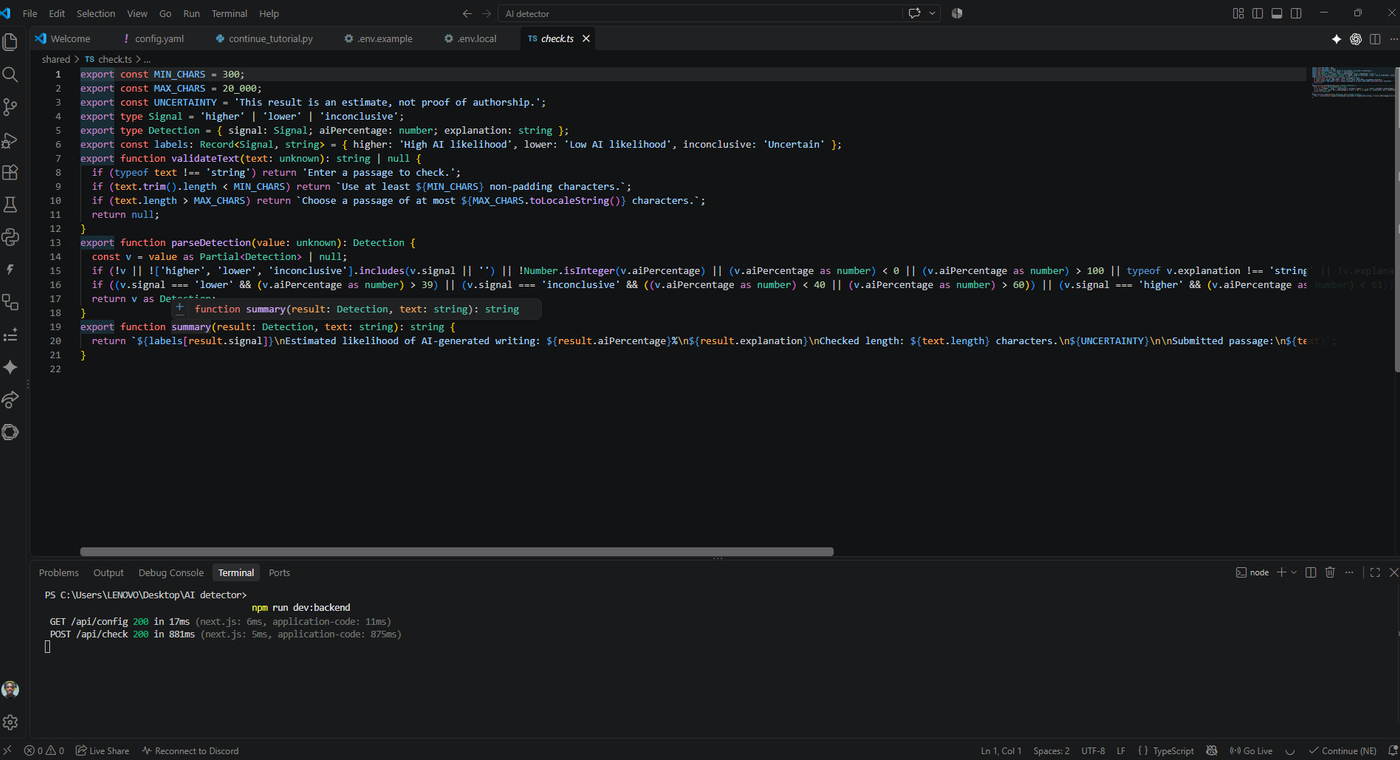 A screenshot of Visual Studio Code showing TypeScript logic for AI detection validation and successful API requests in the terminal.