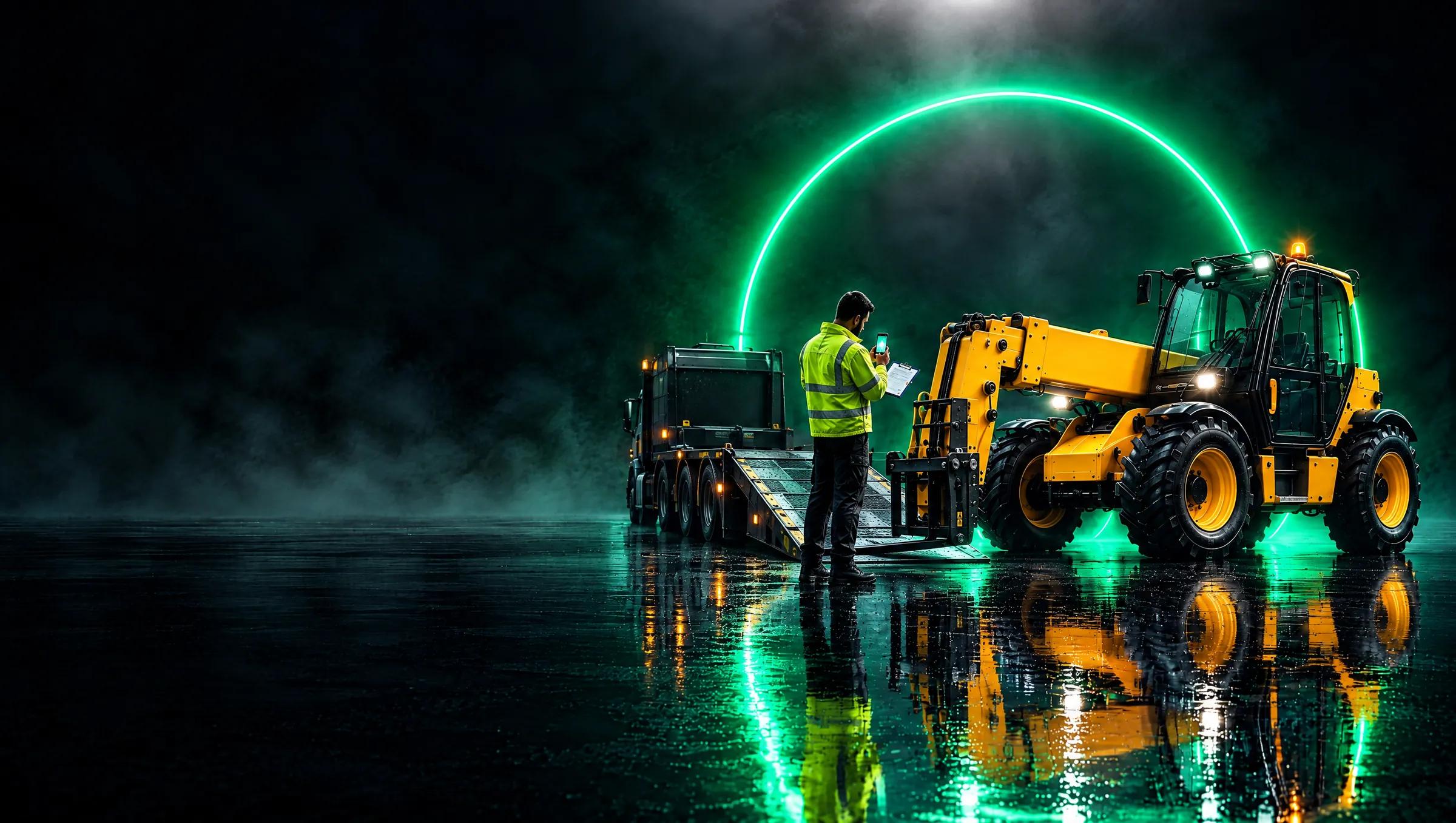 A supplier driver photographs the signed delivery note beside the telehandler he has just unloaded