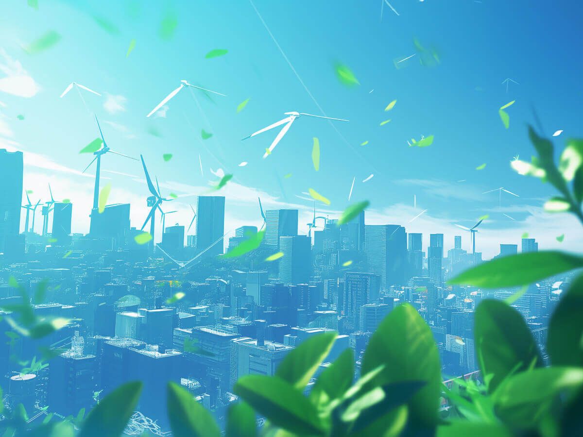 Cartoon image of a city skyline with nature in front of it.