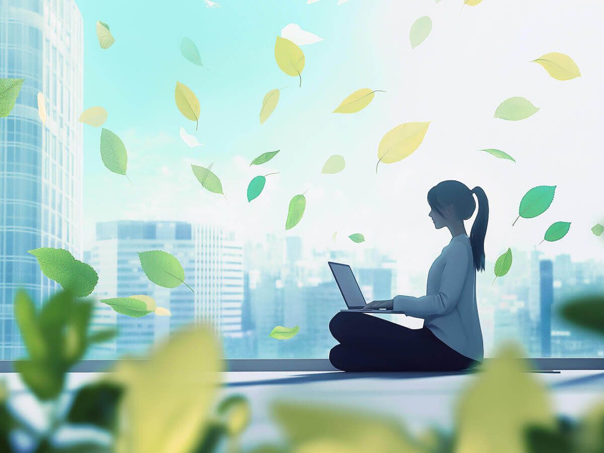 Cartoon image of a business woman writing on her laptop. She's outside in a city, surrounded by nature.