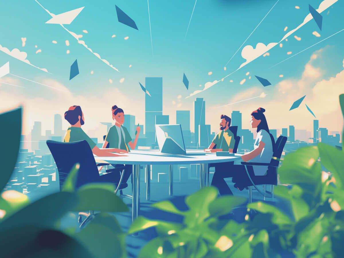 Cartoon of group of colleagues talking around a table in the middle of a city. Infront of them is foliage.